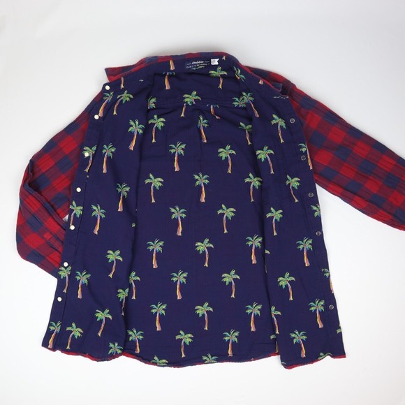 Chubbies Pearl Snap Shirt The Inside Out Flip Reverse It Navy Plaid Palms Mens L - Picture 4 of 9